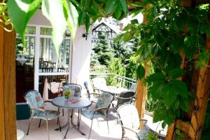 eine Terrasse mit Tischen und Stühlen auf einer Veranda in der Unterkunft Parkhotel Helene in Bad Elster