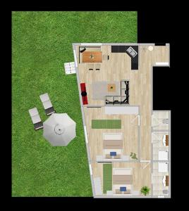 una vista aérea de un plano del suelo de una casa en Appartement Alpenzauber, en Arzl im Pitztal