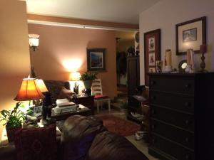 Black Bear Inn في كيتشيكان: غرفة معيشة مع أريكة وخزانة