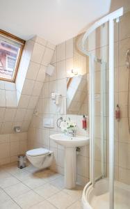 y baño con aseo, lavabo y ducha. en Willa Biala Lilia Old Town, en Gdansk