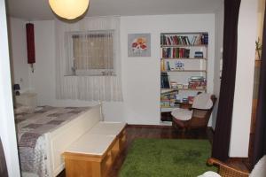 um quarto com uma cama e uma estante de livros em Ferienwohnung Im Liestengarten em Auggen