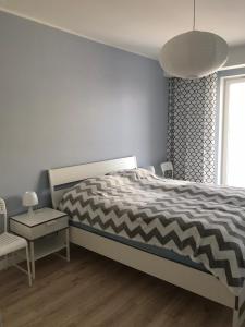 1 dormitorio con 1 cama, 1 silla y 1 ventana en Wieżowiec Ocean Spokojny, en Gdansk