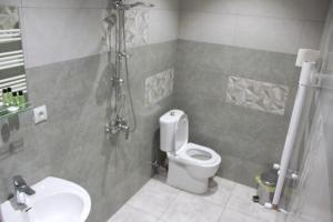 a bathroom with a shower and a toilet and a sink at Hotel Gergeti in Stepantsminda