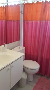 a bathroom with a toilet and a pink shower curtain at Edificio Maritim Algarrobo in Algarrobo