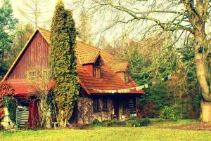 ein Haus mit einem roten Dach und einem Baum in der Unterkunft Adršpach U Meierů in Adršpach