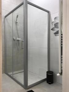 デブレツェンにあるManyi Apartmanのバスルーム(ガラスドア付きのシャワー付)
