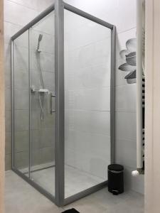 W łazience znajduje się prysznic ze szklanymi drzwiami. w obiekcie Manyi Apartman w Debreczynie