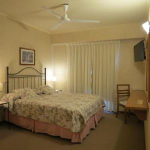 a bedroom with a large bed and a television at Hotel Patagonia Norte in Las Grutas
