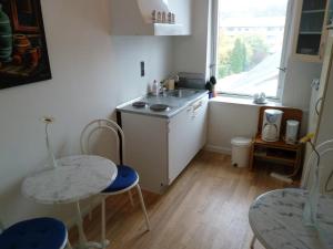 a small kitchen with two tables and a sink at Hotel Aabenraa in Aabenraa