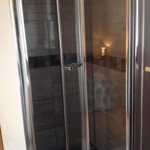een douche met een glazen deur in de badkamer bij Divine Mercy B&B in Knock