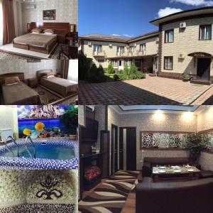 a collage of pictures of a house with a swimming pool at Gostinitsa Grand in Qyzylorda