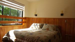 1 dormitorio con cama y ventana en Acogedor Departamento en Zona Lacustre, en Pucón