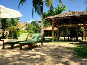 two green chairs and an umbrella on the beach at Gold Sand Beach Bungalow in Phu Quoc