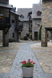 un patio de piedra con una maceta de flores rojas en Urbanización Linsoles - Benasque, en Sahún