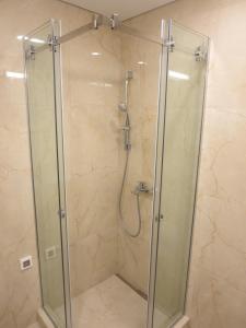 um chuveiro com uma caixa de vidro na casa de banho em Garden Apartment Sun City em Belgrado