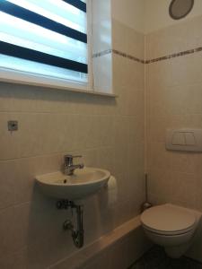ein Bad mit einem Waschbecken, einem WC und einem Fenster in der Unterkunft Private Apartment Ahlten in Lehrte
