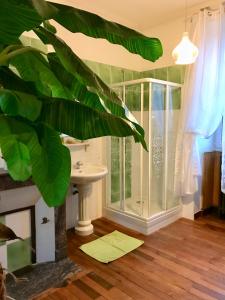 La salle de bains est pourvue d'un lavabo et d'une douche en verre. dans l'établissement Le Domaine du Chêne Vert, à Château-Gontier