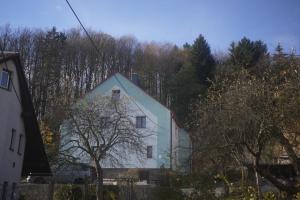 a white house with a blue roof and trees at Apartmán Fydorka in Jeseník