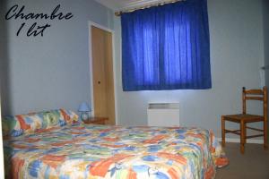 a bedroom with a bed and a blue curtain at Appartement La Marmotte in Font-Romeu