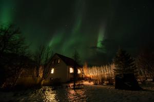 a house with the aurora in the sky at night at Bragdavellir Cottages in Djúpivogur