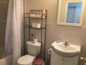 un bagno con un water, un lavandino e uno specchio di Mojoy Homesuites At Runyon a Newark