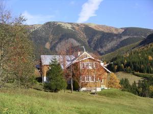 a house on a hill with mountains in the background at Pension 48 in Špindlerův Mlýn