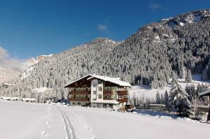 a ski lodge in the snow with a mountain at Hotel Sassleng in Canazei