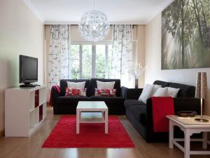 sala de estar con sofá negro y alfombra roja en TH Aravaca en Madrid