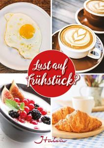 eine Collage mit Bildern von Frühstückslebensmitteln und Kaffee in der Unterkunft Hotel Garni Italia in Bühl
