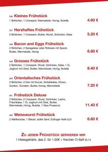 a screenshot of the menu for the fireside restaurant at Hotel Garni Italia in Bühl