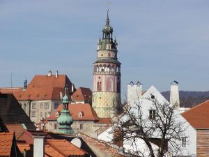 - une vue sur une ville avec une tour de l'horloge dans l'établissement Pension Vltavín, à Český Krumlov