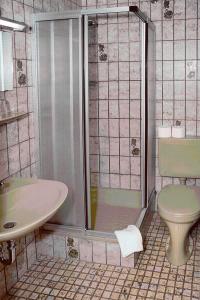 y baño con ducha, aseo y lavamanos. en Hotel Restaurant Huxmühle, en Osnabrück