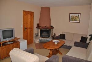 a living room with a couch and a fireplace at Family Hotel Shoky in Chepelare