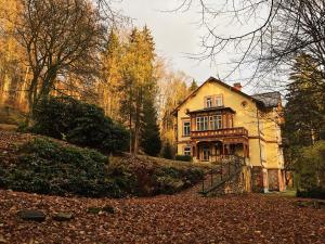 Villa Belvedere في جانسك لازني: منزل كبير على تلة مع أوراق على الأرض