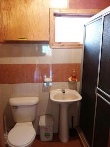 La petite salle de bains est pourvue de toilettes et d'un lavabo. dans l'établissement CASA LA KOCHA, Cabin, Hostal en la Laguna de la Cocha, à El Encano