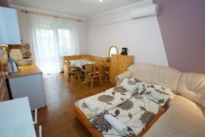 een woonkamer met een bed en een keuken bij Zoli Apartmanok-Maya Kölcsey 34-36 in Hajdúszoboszló