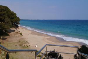 uma vista para uma praia com o oceano em Apartamentos Deauville em Miami Platja