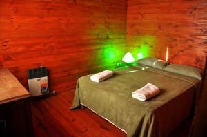 Un dormitorio con una cama con luces verdes. en La Lucinda - Campo y mar, en Chapadmalal