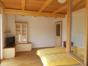 a bedroom with a bed and a tv in it at Pichlerhof in Bressanone