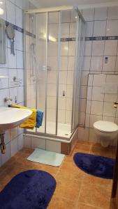 ein Badezimmer mit einer Dusche, einem Waschbecken und blauen Teppichen in der Unterkunft Apart Garni Vesul in Kappl