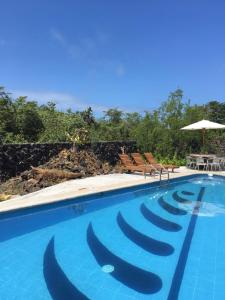 a large blue swimming pool with chairs and an umbrella at La Fortaleza De Haro in Puerto Ayora