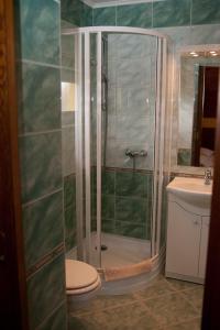 a bathroom with a shower with a toilet and a sink at Holp Panzio in Balatonföldvár