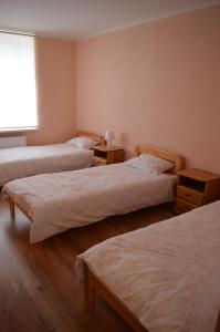 um quarto com três camas e uma janela em Klintis em Jaungulbene