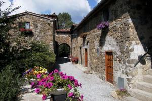 un callejón en un antiguo edificio de piedra con flores en Case Danti La Giara, en Santa Fiora