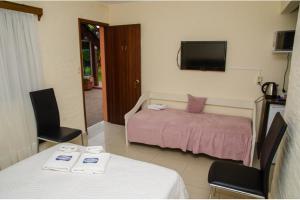 a bedroom with a bed and a tv and a table at Apart Hotel Natural del Daymán in Salto