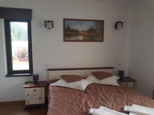 1 dormitorio con 1 cama y una foto en la pared en Pensiunea Andrade, en Putnişoara