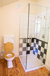 W łazience znajduje się toaleta i przeszklony prysznic. w obiekcie Leader Valley Cottage - A Tranquil Retreat For Two w mieście Mendip Hills