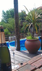 サン・アントニオ・デ・アレドンドにあるAltos del Mayuのワイン1本とワイングラス1杯(テーブルの上)