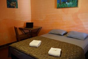 Zimmer mit einem Bett und einem Tisch mit einem Laptop in der Unterkunft El Arca de Noe in Granada