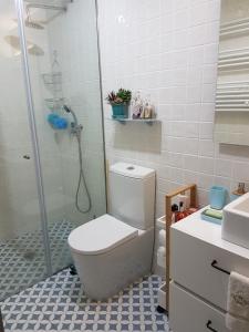 y baño con ducha, aseo y lavamanos. en Porto Belo Clérigos, en Oporto
